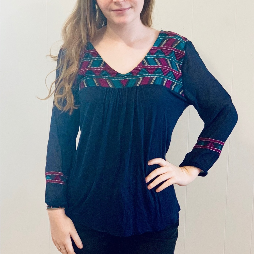 Navy Blue Tunic Blouse w/ Multicolored Pattern